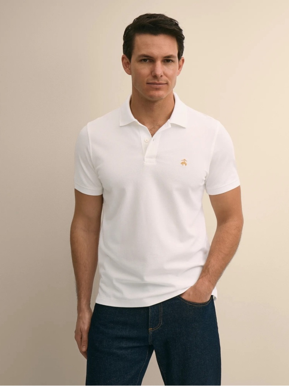 Brooks Brothers Cream Polo with Gold Embroidered Logo